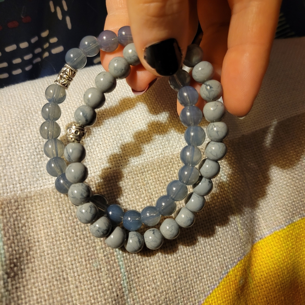 Blue Chalcedony & Grey Howlite Beaded Stretch Bracelets W/ Non Magnetic Spacers
